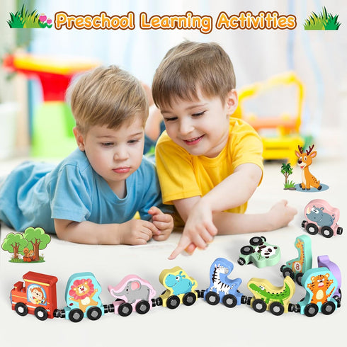 11 Magnetic Wooden Animals Train Set - Montessori Toys for Toddlers - Birthday Gifts for Boys & Girls