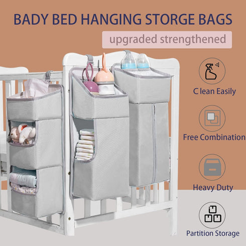 Hanging Diaper Caddy Organizer for Baby Crib - 3-in-1 Portable Diaper Stacker for Nursery Storage (Light Grey)