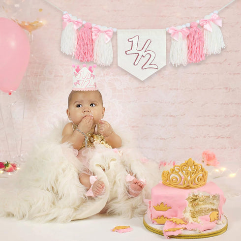 1/2 6 Birthday High Chair Banner, Half-Year Crown Hat, Months Party Decorations, Baby Photo Props with Pink Bow