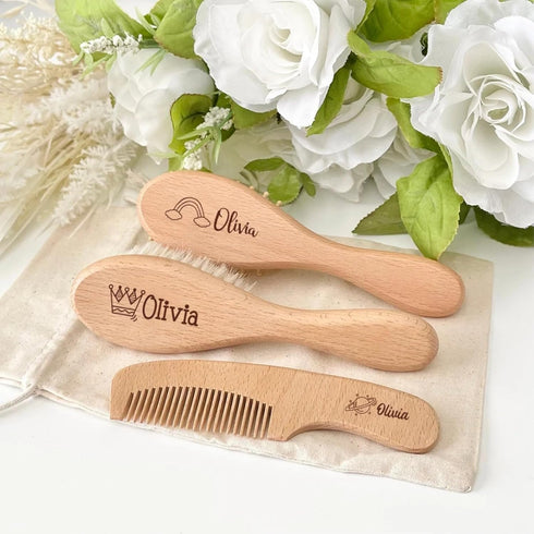 ZYMECH 3Pcs Personalised Baby Hairbrush & Comb Set Custom Engraved Baby Brush and