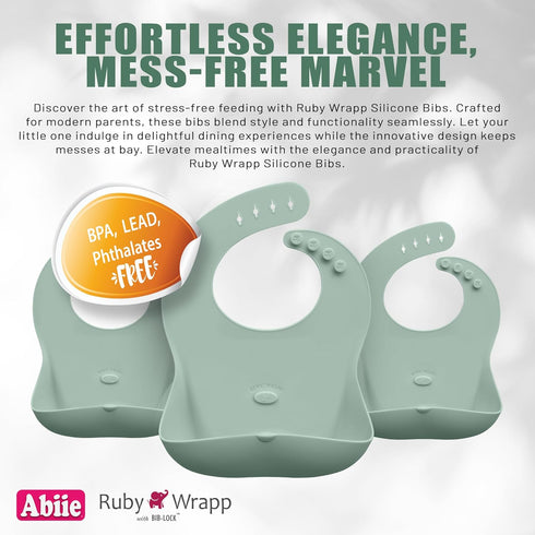 Waterproof Silicone Bibs for Babies - Abiie Ruby Wrapp with Front Pocket - Stain Resistant Toddler Feeding Accessory