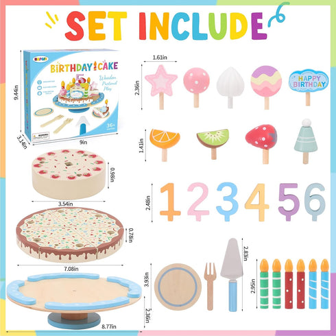 Set HAPGFS Wooden Birthday Cake Toy for Kids, Realistic Birthday Cake with Candles and Fruits for Pretend Play, Wooden