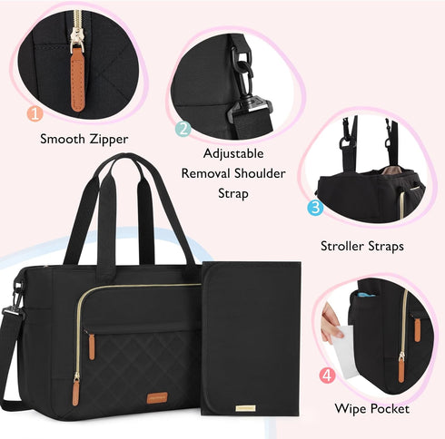 mommore Mommy Diaper Bag Tote Small Baby Bag with Insulated Pockets, Lightweight Tote with Stroller Straps, Nurse Gym