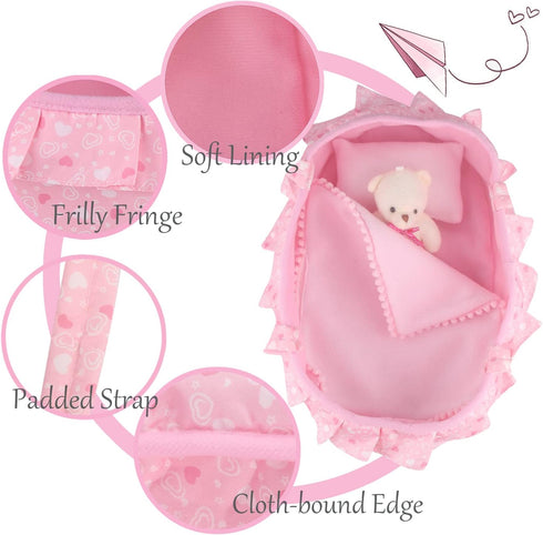 Baby Doll Cradle Bassinet Portable Doll Carrier Carry Bag,Soft Pillow Quilt Plush Bear Included,for 8-9-10-11-12 Inch and Smaller Dolls Alive Baby Doll Reborn Newborn Baby Doll Accessories Gift-wrap