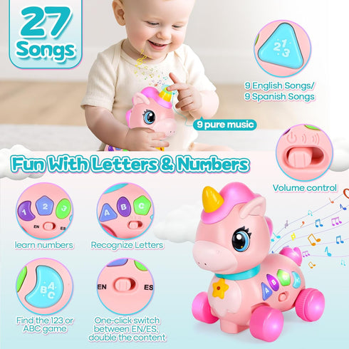 WixbFyn 6-12-18 Tummy Baby Unicorn Toy Months with Music & Lights Explore Bilingual Educational For Toddler Sensory