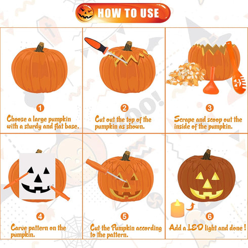 Pumpkin Carving Kit for Kids - 6 Easy Tools, 6 LED Candles, 10 Stencils & 20 Halloween Candy Bags