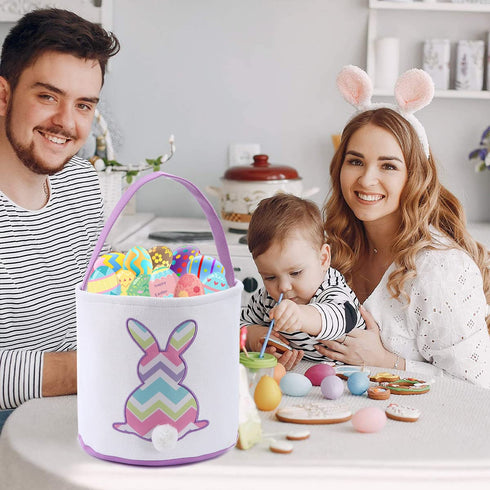 Cootato Easter Bunny Basket Bags for Kids, Personalized Canvas Cotton Bucket with Stripe Rabbit Pattern for Egg Hunt