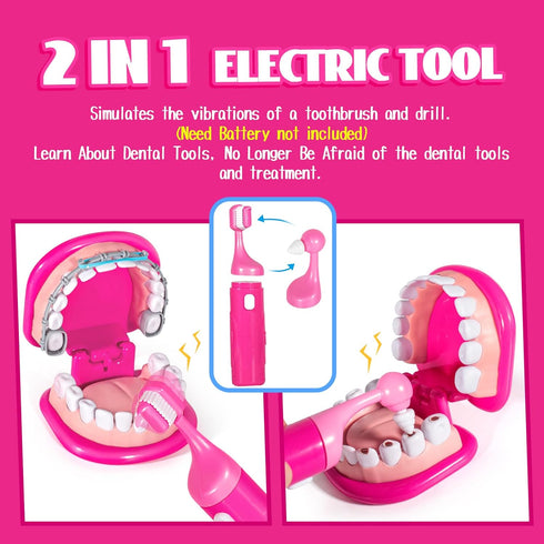 Set 3-5 4+ 5-7 ULOVEME Kids Dentist Play Pink with Braces /Removable Teeth /Retainer - Doctor Kit for Toddlers