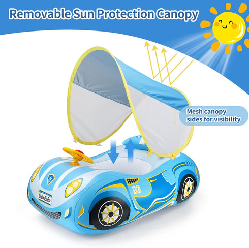 3+ Swimbobo Toddler Pool Float Inflatable Car Baby Swim Float with Adjustable Sun Canopy and Safety Seat Pool Toys