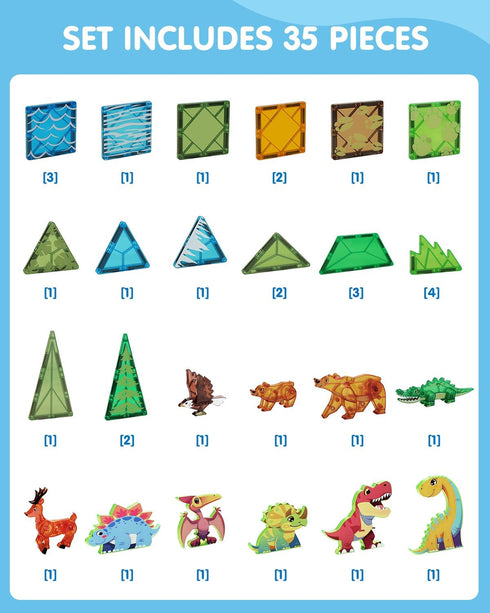 Set 35 3-5 5-7, 3+ Magnetic Tiles Animals & Dinosaurs Toys, STEM Educational Building Blocks, Sensory PCS for Toddlers