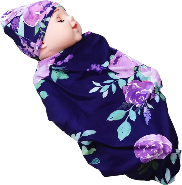 Newborn Swaddle Blanket with Beanie Set, Soft Stretchy Blanket for Baby Boys and Girls, 0-3 Months, Purple Flower