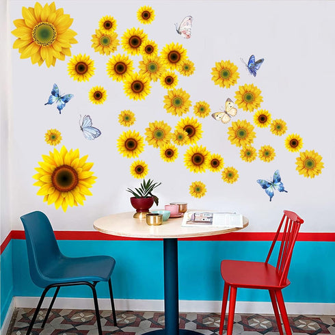 Sunflower Wall Stickers with 3D Butterfly, Removable Yellow Flower Wall Decals, Waterproof Mural for Nursery Kids