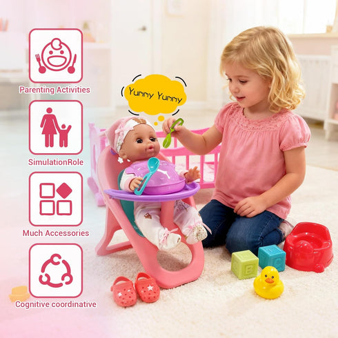 Set Playset 3 4 5 6 Baby Doll Toys with Stroller, Crib, Dining Chair, Realistic Doll Accessories for Kids Pretend Play