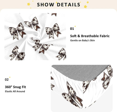 CZXW 52" 28" Cow Print Bows Crib Sheets Fitted x Natural Cotton Soft & Breathable for Baby Crib Mattress