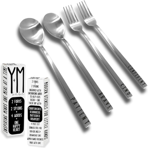 Emotions 4pcs Utensil Set for Kids, Stainless Steel Cutlery Engraved with Motivational Words, Ages 2+, Valentine's Day