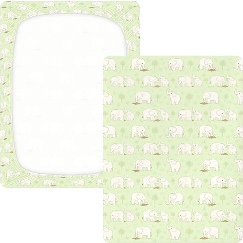 miaozhen 1 Pack 52x28 Cotton Baby Crib Sheets Soft Comfy Cute White Animal Elephants Green Muslin Crib Bedding