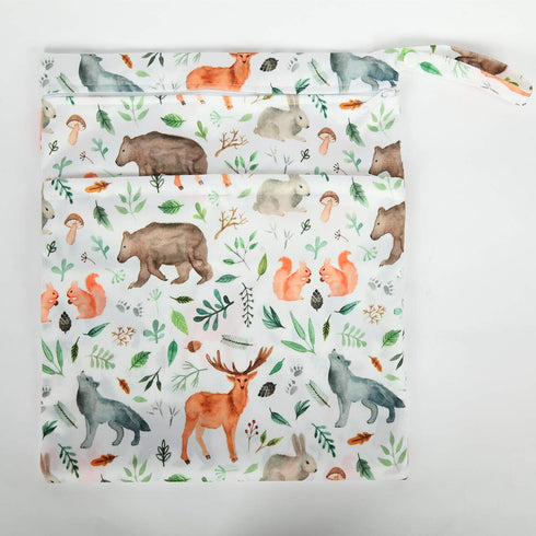 Baby Wet Dry Bag Reusable Cloth Diaper Nappy with Two Zippered Pockets (Watercolour Animals)