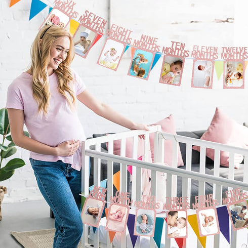 Newmemo 1st Birthday Photo Banner, Baby to 12 Months Rose Gold Milestone Safari Jungle Decor