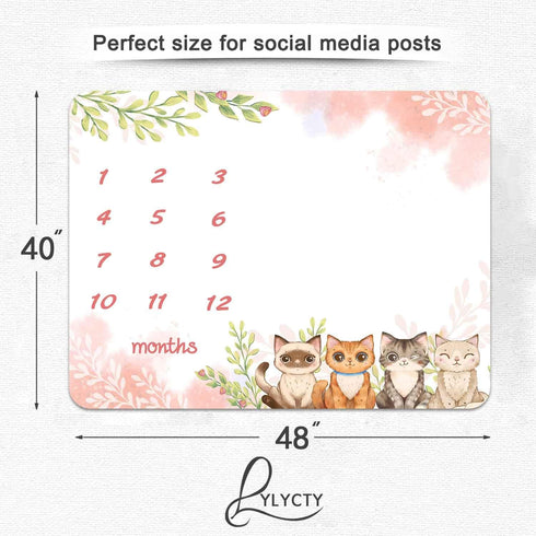 Baby Monthly Milestone Blanket for Girls, Spring Pink Cartoon Animal Cat Growth Chart, 48x40 Inch