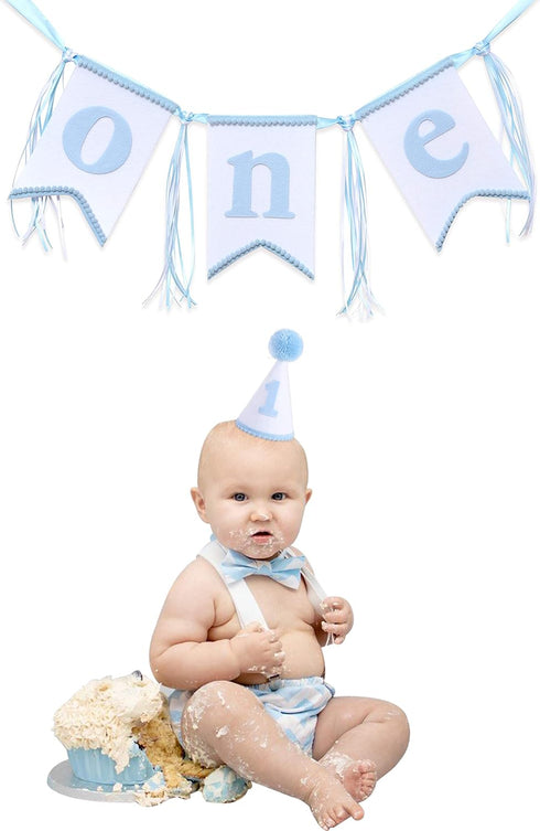 1st WAOUH Boys Birthday Hat and Highchair Banner - Blue and WHite Party Decoration (BAI LAN TAO CAN)