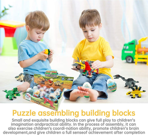 auryee 12PCS Sets 6+ Pre Filled Easter Eggs Dinosaurs Party Favors Party Supplies Building Blocks Mini Animal