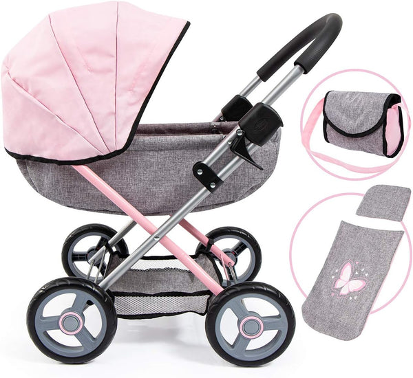 Bayer Dolls 4-in-1 Toy Baby Doll Pram Stroller Cosy Set, Fits Dolls Up to 18" (Pink/Grey)
