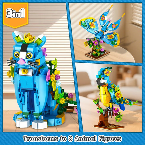 Set, 3 1 412 8 9 10 11 12+ PLAXSOON Flower Cat Building in Floral Parrot Butterfly Animal Figure Building Toy for Home