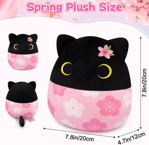 Spring Stuffed Animal Black Cat Plush,Soft Sakura Cat Plush with Sakura Embroidery on Head,Spring Plush Gifts for Kids