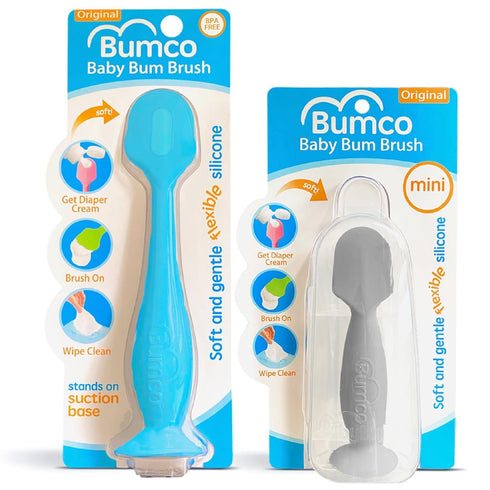Bumco Baby Bum Brush + Mini Baby Diaper Cream Spatula with Case, BPA-Free Silicone Applicator with Suction Cup (Blue &