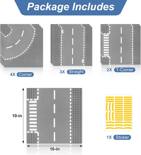 9 Pack Road Baseplates for Building, Compatible with Lego Classic Bricks, 10” x 10” Baseplates for City Sets