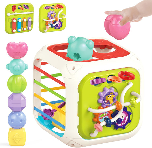 MINGKIDS 7 in 1 Montessori Toys for Toddlers - Shape Sorter Colorful Stacking and Pull String Toys, Christmas Gift