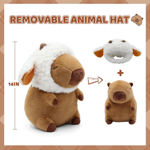 14 inch Capybara Plush, Cute Capybara Plush Toy Wear Removable Lamb Hat, Kawaii Soft Capybara Plushie Pillow, Capybara