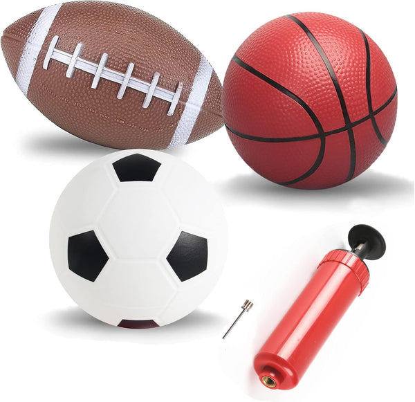 Soccer Basketball Football Small Sports Bouncy Balls with Hand Pump, 3 Pack of 6-Inch Diameter Rubber Sport Balls.