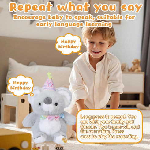 Happy Birthday Interactive Koala, Musical Birthday Stuffed Animal Recording Mimicking Toy, Clapping Activates Singing