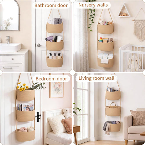 3-Tier Goodpick Hanging Basket Over the Door, Cotton Rope Wall basket, Hanging Nursery Decor for Organizing, Jute