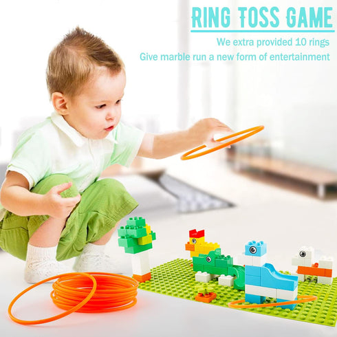 2-in-1 Kids Toys for 2-7 Year Olds, Classic Big Bricks Marble Run Building Blocks, Toss Ring Games