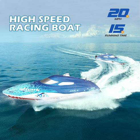 20+ 2.4GHz DEERC High-Speed RC Boat for Kids & Adults, MPH Full Proportional Remote Control Shark Boat with LED Lights