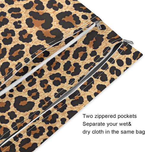 Gravopti Set 2, Brown Leopard Print Wet Dry Bags of Reusable Waterproof Organizer with Zipper Pockets for Baby Diapers