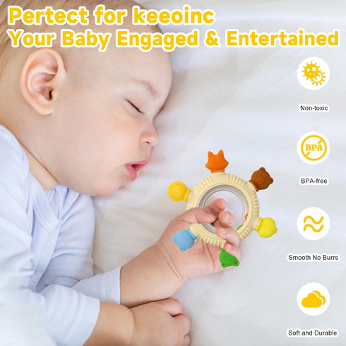 2 Pack 0-3 3 6-12 Sensory Toys for Babies, Baby Teething Rings Toys for Months Baby Rattle Teether Silicone Teether