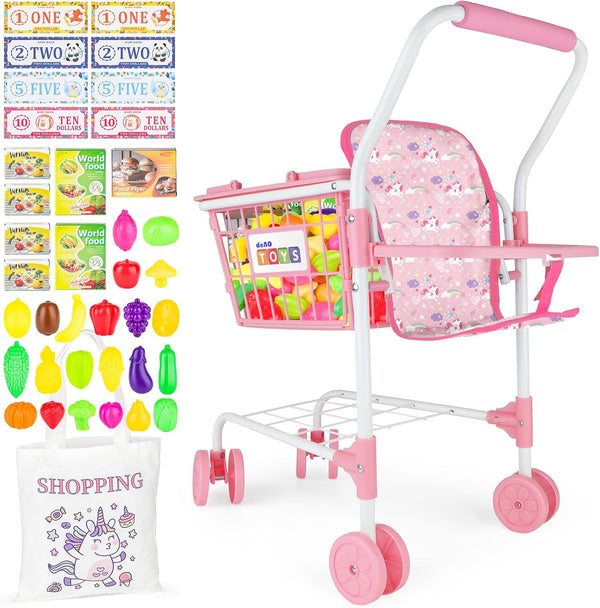 deAO Kids Shopping Cart Play Set,Pretend Food and Shop Accessories, 2 in