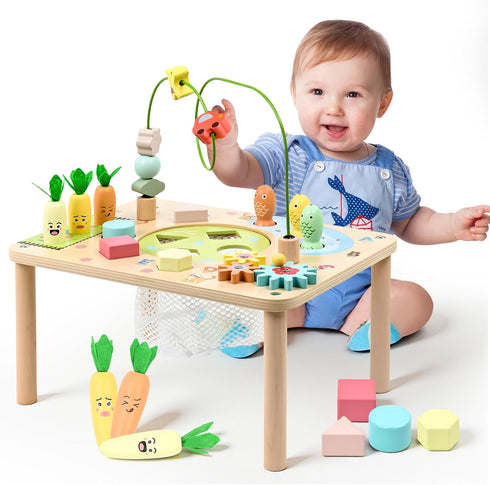 6 1 1st WINGYZ Activity Table, in Wooden Montessori Activity Center with Bead Maze Shape Sorter Fishing Game, Kids