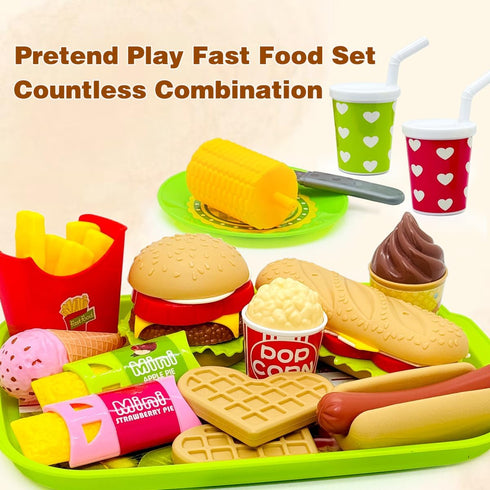 Taken All 26PCS Set 3 4 5+ Pretend Play Kitchen Food - Dessert Toys with Hamburger, Hot Dog, Fries, Drink & Tray