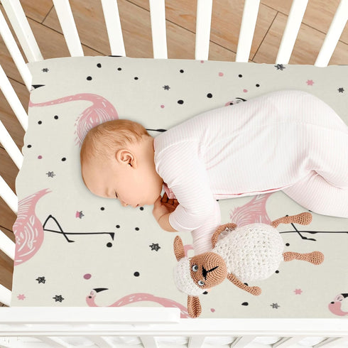 SUABO Summer Pink Flamingo Crib Sheets Stretchy Portable Sheets for Baby Toddler Breathable Soft Crib Mattress Sheet