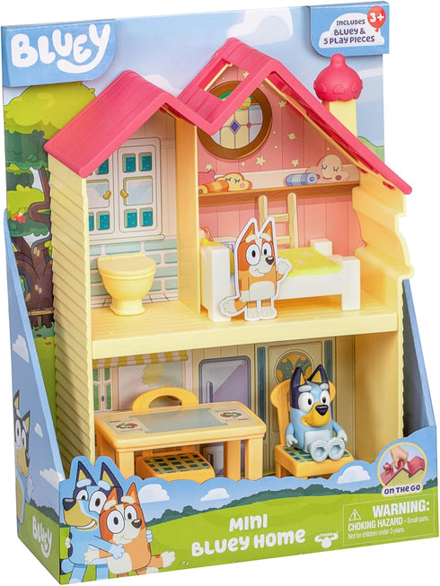 BLUEY Mini Home Playset - Compact House Playset with Carry Handle, Three Rooms and Figure with 5 Play Pieces