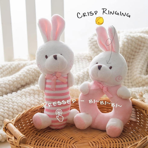 Plush Baby Rattle Toys, Pink Bunny Rattles for Infants, 2 PCS Soft Ring Rattle Sensory Toys for Newborns