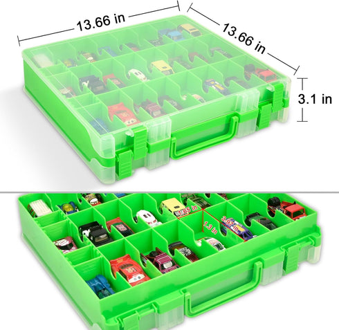 ALCYON Double Sided Toy Storage Organizer Case for Hot Wheels, Matchbox Cars, Mini Toys, Small Dolls, 48 Compartments -