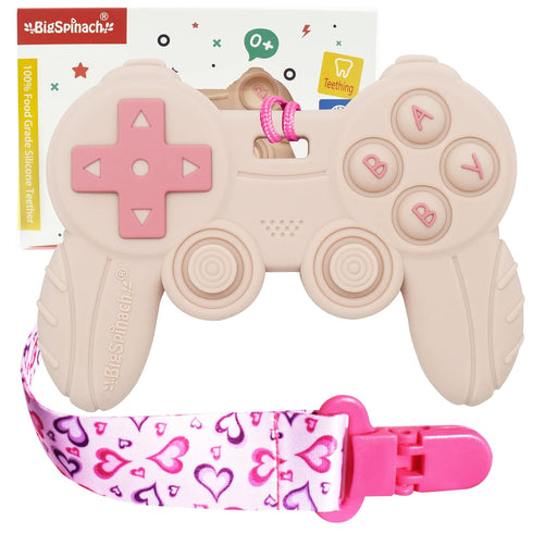 Cool Game Control Remote Teething Toy for Babies 0-6 6-12 Months, Silicone Chew Toy for Gamer Parents (Pink)