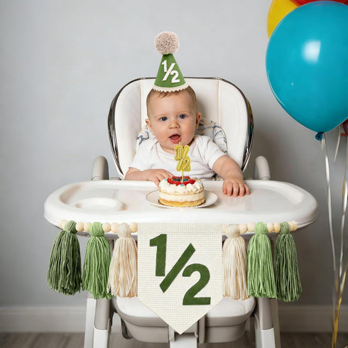 Squway 1/2 3PCS 6 Birthday Boy High Chair Banner - Half Birthday Decorations with Cone Birthday Hat Cake Candle, Half