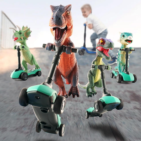 DINOBROS Dinosaur Scooter Toys - Pull Back Cars Mini Finger Kick Scooters, Dino Gift Sets for Kids 4-Pack