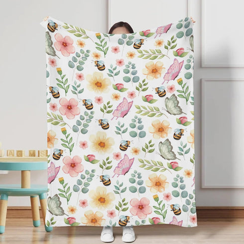 Spring Garden Floral Butterflies Bees Baby Blanket, Colorful Flowers Eucalyptus Leaves Swaddle Wraps 30x40